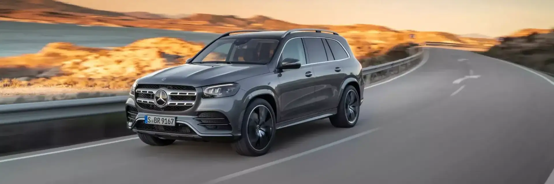 Mercedes GLS silver from the front while driving